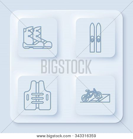 Set Line Boots, Ski And Sticks, Life Jacket And Bicycle On Street Ramp. White Square Button. Vector