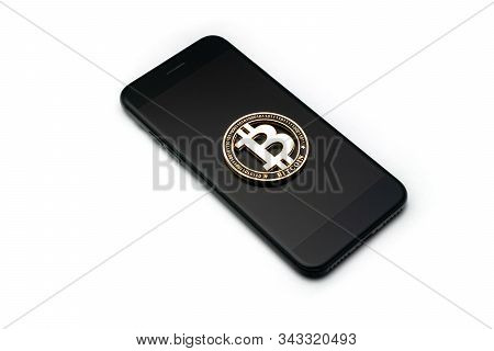 Bitcoin Mining Isolated On White Background With Black Smartphone. Gold Cryptocash. Litecoin, Ethere