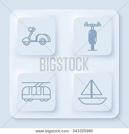 Set Line Scooter, Bicycle, Tram And Railway And Yacht Sailboat Or Sailing Ship. White Square Button.