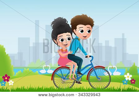 Valentines Riding Bicycle Vector Characters Concept. Valentine Couple Dating And Riding In Bike In P