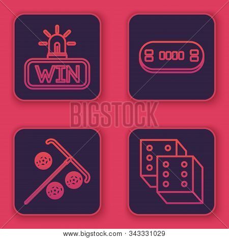 Set Line Casino Win, Stick For Chips, Poker Table And Game Dice. Blue Square Button. Vector