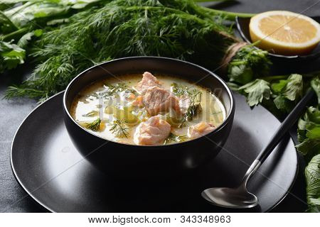 Creamy Fish Soup With Salmon, Potatoes, Onions , Carrots, Dill And Celery . Kalakeitto- Traditional 