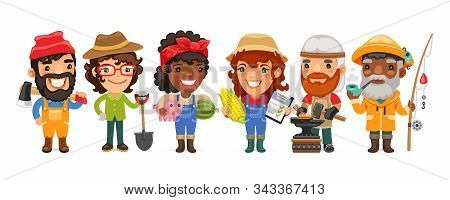 A Group Of People With Different Professions Stand On A White Background. Lumberjack, Digger, Farmer