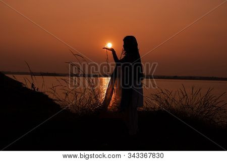 Orange Sunset Behind Grass Silhouette Girl Woman Holding Sun On Hand Birbhum Beautiful