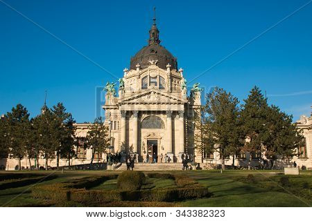 Budapest, Hungary - January 1, 2020: Exterior View Of Széchenyi Thermal Bath In Budapest. One Of The