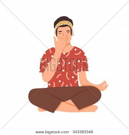 Guy Practicing Pranayama Flat Vector Illustration. Young Man Exercising Special Breathing Techniques