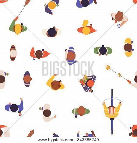 People Top View Vector Seamless Pattern. Street Passers, Locals, Men And Women From Above Texture. S