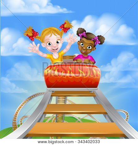 Cartoon Girls Riding On A Roller Coaster Ride At A Theme Park Or Amusement Park
