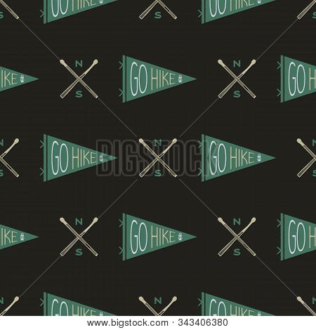 Camping Seamless Pattern With Hiking Pennants And Badge. Go Hike Text. Wanderlust Travel Wallpaper B