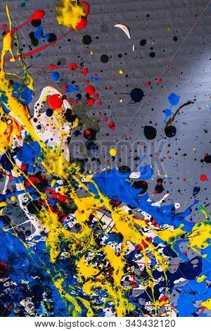 Abstract Expressonism. Picture Painted Using The Technique Of Dripping. Mixing Different Colors Red 