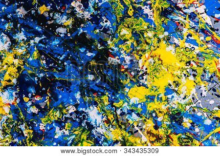 Abstract Expressonism. Picture Painted Using The Technique Of Dripping. Mixing Different Colors Red 