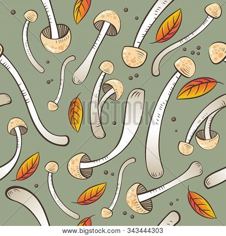 Seamless Pattern. Asian Mushrooms And Autumn Yellow Leaves. Enoki Or Shimeji Mushrooms And Spicy. Il