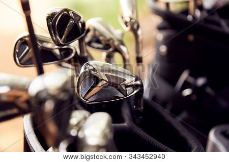 Close Up Of Clubs In Bag On Golf Buggy
