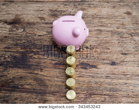 Pink Piggy Bank With 
Gold Coins Pile Growth Graph, Saving Money For Future Investment Plan And Reti