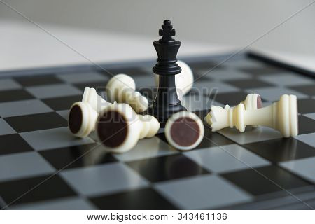 Chess Pieces On Board With White Background, Driven To Success Business Strategy.
