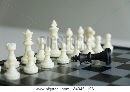 Chess Pieces On Board With White Background, Driven To Success Business Strategy.