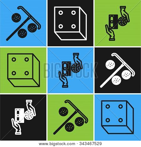 Set Line Stick For Chips, Casino Chips Exchange On Stacks Of Dollars And Game Dice Icon. Vector