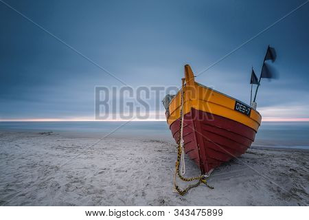 Debki Beach, Poland - June 15, 2016. Fishing Boat On Sandy Beach In Debki Village, Baltic Sea, Polan