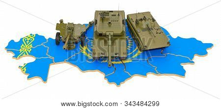 Combat Vehicles On Kazakh Map. Military Defence Of Kazakhstan Concept, 3d Rendering Isolated On Whit
