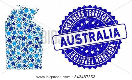 Blue Australian Northern Territory Map Collage Of Stars, And Distress Round Stamp Seal. Abstract Ter