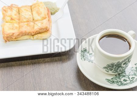 Delicious Kaya Toast With Jam And Kopitiam Coffee Mug In Traditional Chinese Breakfast