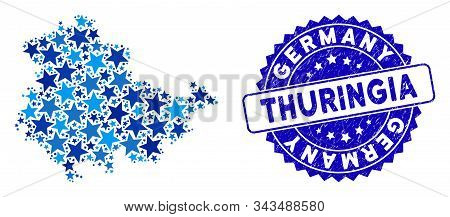 Blue Thuringia Land Map Collage Of Stars, And Grunge Rounded Stamp. Abstract Territorial Plan In Blu