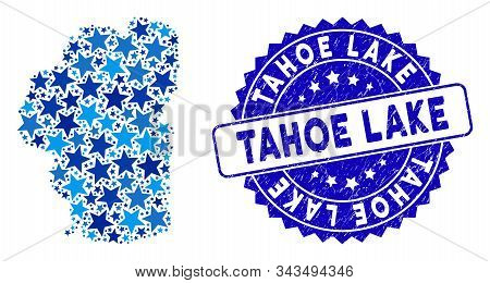 Blue Tahoe Lake Map Composition Of Stars, And Grunge Round Stamp. Abstract Territory Plan In Blue Co