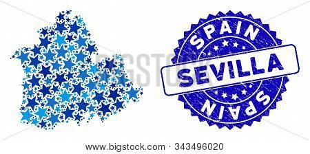 Blue Sevilla Province Map Composition Of Stars, And Textured Round Stamp. Abstract Geographic Plan I