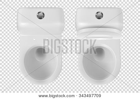 Vector 3d Realistic White Eramic Toilet Icon Set Closeup Isolated On Transparent Background. Opened 