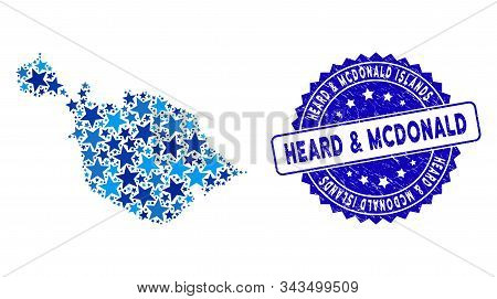 Blue Heard And Mcdonald Islands Map Collage Of Stars, And Textured Round Stamp Seal. Abstract Territ