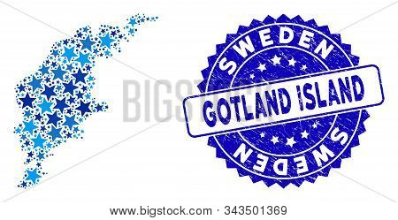 Blue Gotland Island Map Mosaic Of Stars, And Textured Rounded Seal. Abstract Territory Scheme In Blu