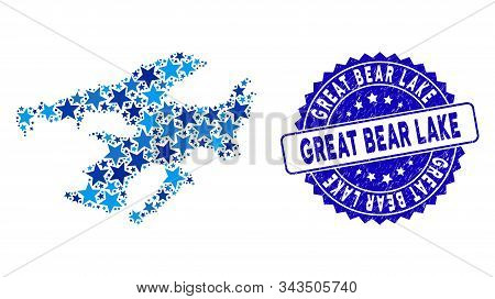 Blue Great Bear Lake Map Collage Of Stars, And Grunge Rounded Stamp Seal. Abstract Territorial Schem