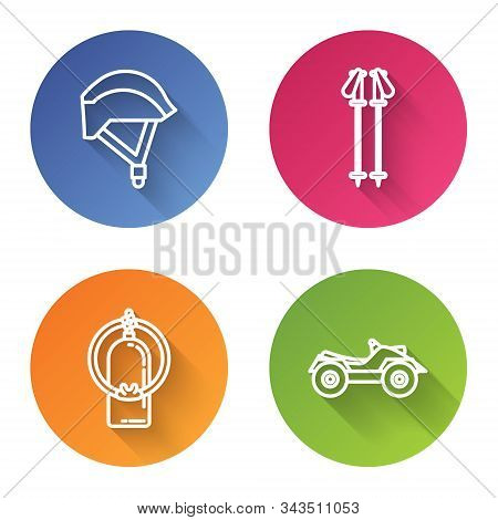 Set Line Bicycle Helmet, Ski Poles, Aqualung And All Terrain Vehicle Or Atv Motorcycle. Color Circle