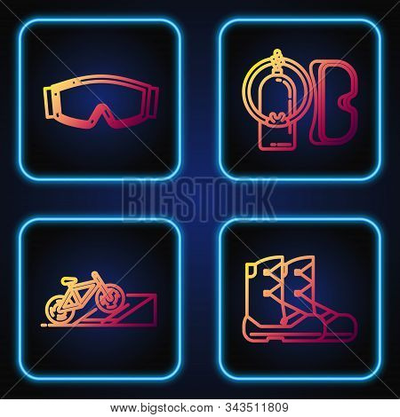 Set Line Boots, Bicycle On Street Ramp, Ski Goggles And Diving Mask And Aqualung. Gradient Color Ico