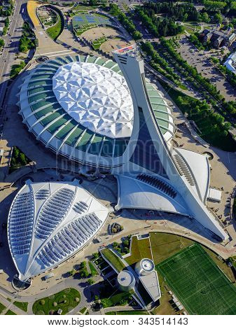 Montreal, Quebec, Canada - May 29th, 2018: Aerial View Of The Olympic Stadium And Biodome