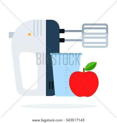 Mixer With Beaker And Red Apple Vector Flat Isolated