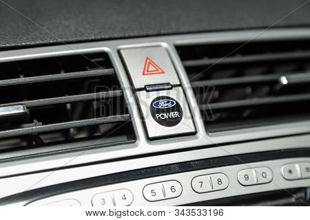 Novosibirsk, Russia - November 27, 2019:  Ford Kuga,  Close-up Ford Power Button On Control Panel