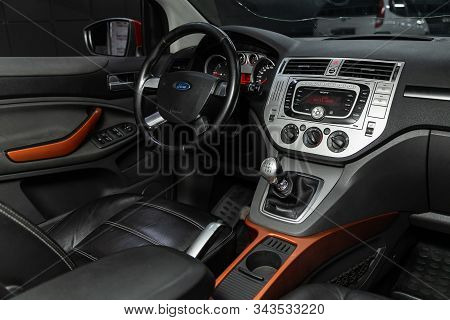 Novosibirsk, Russia - November 27, 2019:  Ford Kuga,  Luxury Car Interior - Steering Wheel, Shift Le
