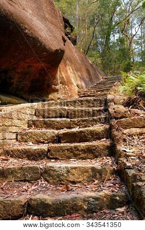 A Sand Stone Stairway Going Up The Hill In Berowra National Park, Australia