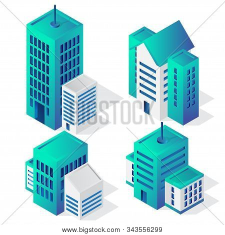 Isometric Building 3d Icon, City Vector Illustration Template Isolated On White Background