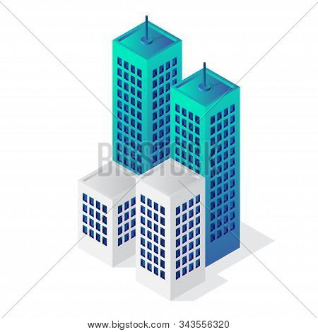 Isometric Building 3d Icon, City Vector Illustration Template Isolated On White Background