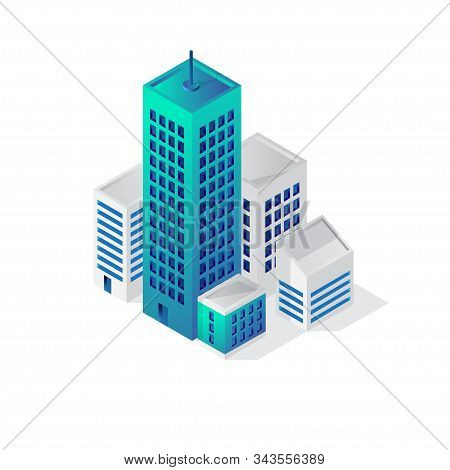 Isometric Building 3d Icon, City Vector Illustration Template Isolated On White Background