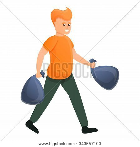 Boy Take Trash Bags Icon. Cartoon Of Boy Take Trash Bags Vector Icon For Web Design Isolated On Whit