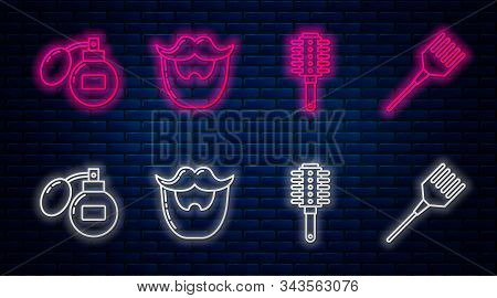 Set Line Mustache And Beard, Hairbrush, Aftershave And Hairbrush. Glowing Neon Icon On Brick Wall. V