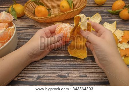 The Girls Hands Are Cleaning Tangerine, Tangerines On A Twig With Green Leaves, Peeled Tangerines In