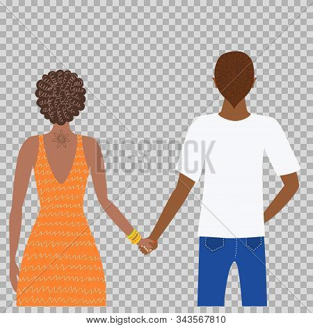 Dark Skinned Couple Holding Hands. Afro Man And Woman Together View From The Back. Love Relationship