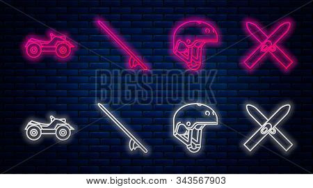 Set Line Surfboard, Helmet, All Terrain Vehicle Or Atv Motorcycle And Ski And Sticks. Glowing Neon I