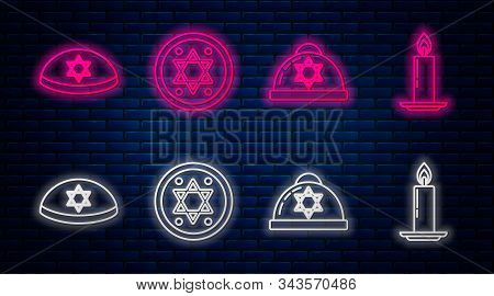 Set Line Jewish Coin, Jewish Kippah With Star Of David, Jewish Kippah With Star Of David And Burning