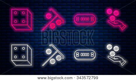 Set Line Stick For Chips, Poker Table, Game Dice And Hand Holding Casino Chips. Glowing Neon Icon On