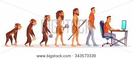 Human Evolution Of Monkey To Modern Man Programmer, Computer User Isolated On White Background. Male